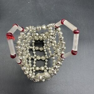 CHRISTOPHER RADKO BEADED PURSE BAG 3" ORNAMENT SILVER BEADS AND RED STITCHING